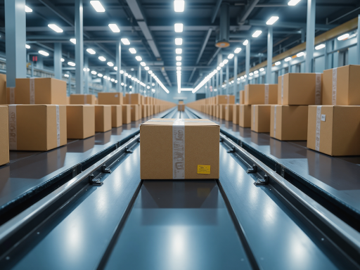 现代化物流中心内部,自动化设备运行,工作人员操作电脑,明亮灯光背景